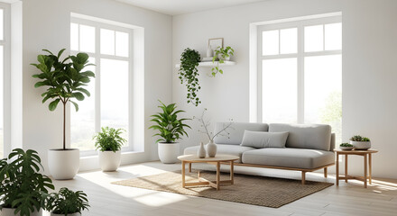 Fototapeta premium Bright and airy living room with modern furniture and indoor plants creating a serene and inviting space filled with natural light from large windows perfect for relaxation