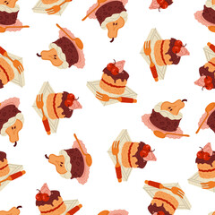 Seamless pattern with cakes with cherry and pears. Design for wrapping paper, bakery packaging, fabric designs, and cafe decor