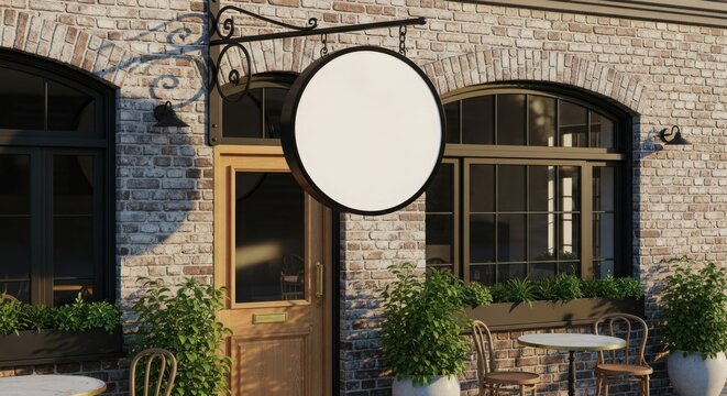 Blank circular sign hangs above entrance to a charming brick cafe with outdoor seating.