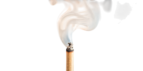 A single burning matchstick with wisps of white smoke rising elegantly against a stark black background isolated on transparent background