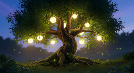 Enchanted tree with glowing orbs in a mystical forest at twilight creating a magical and serene atmosphere perfect for fantasy fairytale or whimsical themed projects and designs