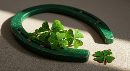 St. Patrick's Day Still Life with Horseshoe and Shamrocks