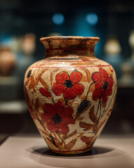 Ancient Hand-Painted Earthenware Vase Adorned with Vibrant Red Floral Motifs and Intricate Designs