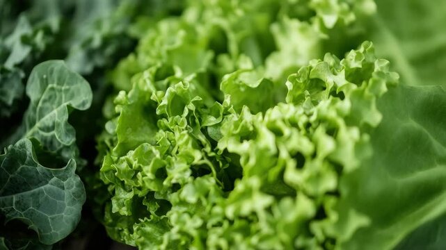 Close-up of green leafy vegetables, kale and lettuce, fresh vibrant