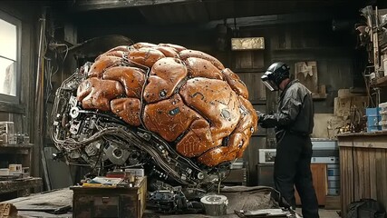 Humanoid Crafts a Futuristic Biomechanical Brain Sculpture in Workshop Setting - Powered by Adobe
