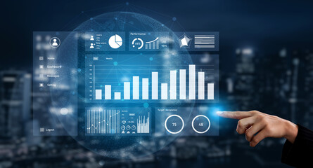 A sleek, futuristic user interface showcasing data analytics and performance metrics, illuminated against a city skyline at night, portraying technological advancement. Impute