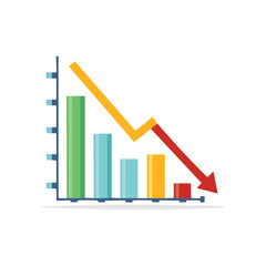 Simple bar graph illustrating a sharp declining trend with a prominent downward red arrow, symbolizing economic downturn and financial loss.