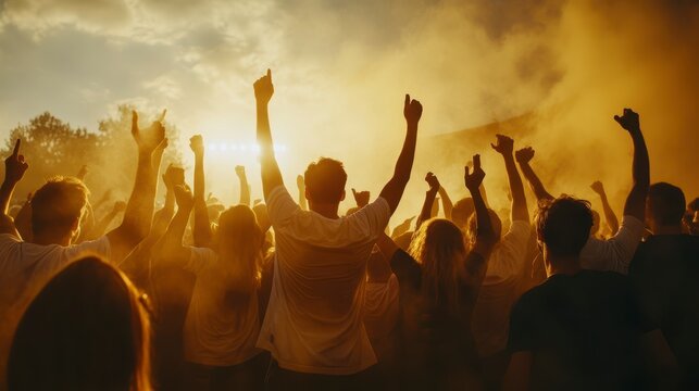 Crowd of people at an outdoor concert enjoying the music and atmosphere at sunset.
