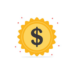 Dollar sign on a shiny gold coin or medal. Concept of prize, reward, finance, and wealth. Flat vector icon.