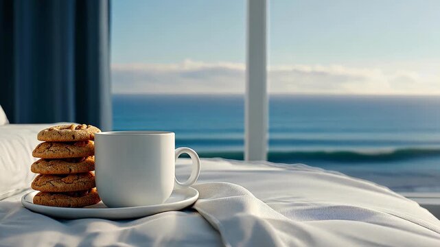 Cozy Morning Ritual: A serene moment unfolds as a stack of freshly baked cookies and a pristine coffee mug grace a bed, offering a tranquil prelude to a day beside the ocean. 