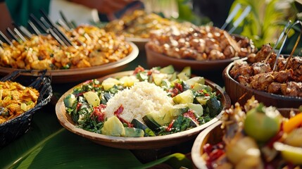 Assorted grilled and fresh food in wooden bowls at outdoor buffet.