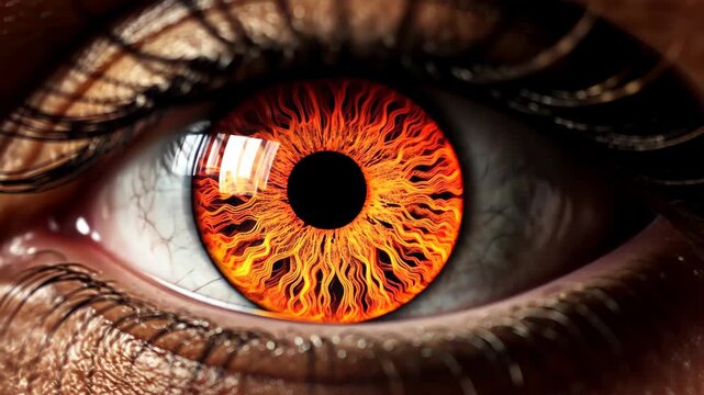 Fiery Gaze: An intensely colored eye captures the raw, vibrant heat of a fierce, and captivating emotion within a photorealistic, macro view. 