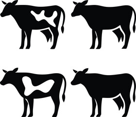 Cow Silhouette Collection – Four Different Poses, Minimalist Black and White Realistic Livestock Vector Illustration with Sharp Edges Digital Art