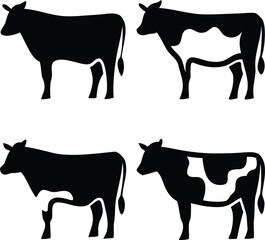 Cow Silhouette Collection – Four Different Poses, Minimalist Black and White Realistic Livestock Vector Illustration with Sharp Edges Digital Art