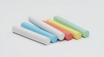 chalk, Close up photo of colorful chalk sticks including white, yellow, blue, red, and green on a clean white background.