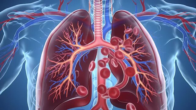 Human lungs with blood vessels, and anatomy.