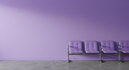 Empty waiting area with purple walls and gray floor. Three purple waiting chairs.