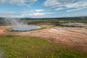 Geothermal Landscape with Hot Springs and Steam in Iceland