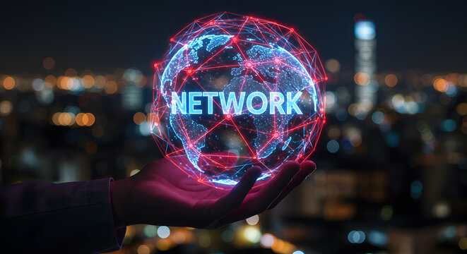 Global network connection concept Hand holding virtual globe with word network International business communication and internet technology for social media marketing platform