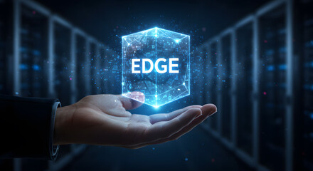 Edge computing technology concept Businessman hand holding virtual cube in server room Data processing at network source for lower latency and speed