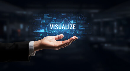 Data visualization concept Businessman hand holding virtual text with abstract wave graphic Big data analysis for business intelligence and information presentation