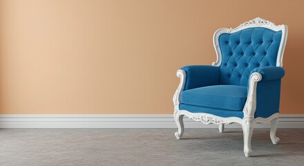 Elegant teal blue upholstered armchair with ornate white wooden frame.