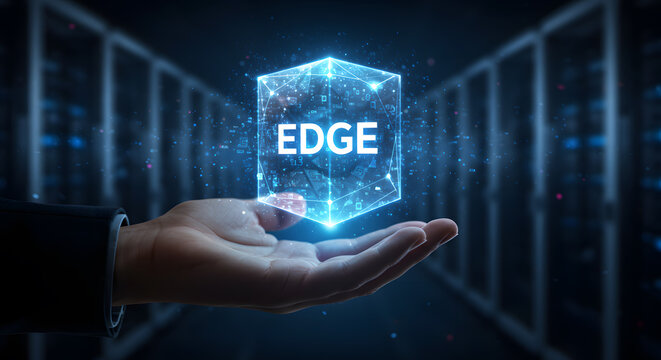 Edge computing technology concept Businessman hand holding virtual cube in server room Data processing at network source for lower latency and speed
