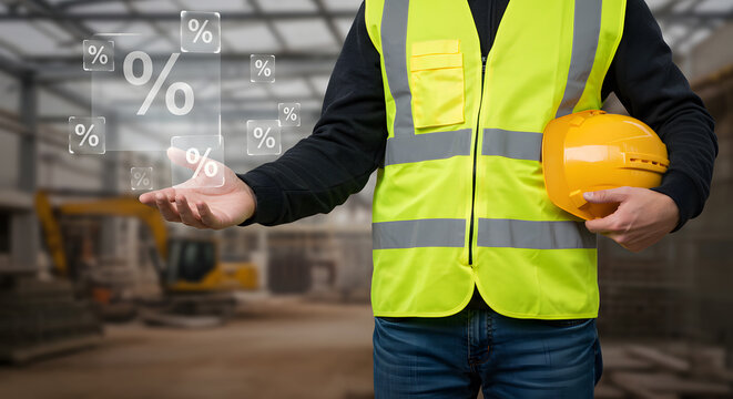 Industrial finance, Warehouse worker pointing at virtual percent sign symbol Business discount, sales commission, and bank interest rate calculation idea