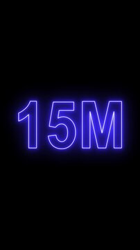 "Purple Neon Glowing 15 Million (15M) Number Text Effect on Transparent Background. Futuristic Light Sign Design"