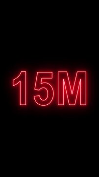 "Red Neon Glowing 15 Million (15M) Number Text Effect on Transparent Background. Futuristic Light Sign Design"