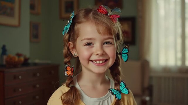 A delightful and authentic portrait of a happy little girl. Her joyful giggle and playful personality shine as she shows off her cute butterfly hairstyle