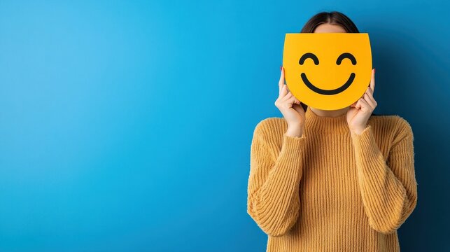 Happy face symbol and person on blue background