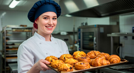 Smiling pastry chef holding a baking sheet of fresh pastries