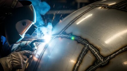 Industrial welder precision arc welding on curved stainless steel sphere with bright sparks. - Powered by Adobe