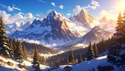 Majestic Mountain Range A Breathtaking Panorama of Snow-Capped Peaks and Serene Landscapes