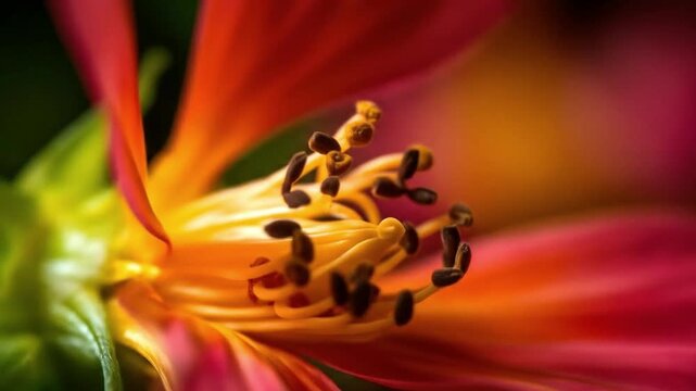 A closeup captures the center of a vivid flower with yellow stamen and petals in shades of orange and pink