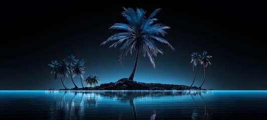 Obraz premium The black background contrasts sharply with the bright blue silver light emitted by coconut tree,generative AI