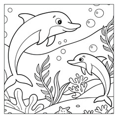 Fototapeta premium Cute Dolphins Underwater Coloring Page for Kids Fun Activity Featuring Marine Life and Seaweed with Bubbles Ready to Color For Relaxing Time