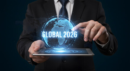 Businessman holding tablet with a hologram of globe showing global business strategy and international market development plan for the year 2026