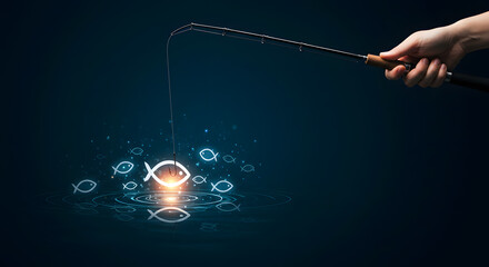 Hand fishing for unique glowing fish a business marketing concept for lead generation customer targeting recruitment and finding the best niche market opportunity
