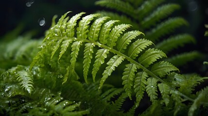 Close-Up of Green Fern Leaf with Water Droplets &ndash; Fresh Nature Plant Texture and Botanical Detail