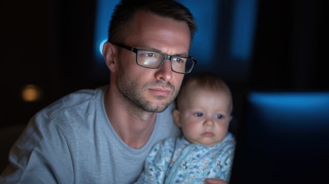 A determined father navigates the challenges of modern parenthood, multitasking by tending to work and baby in the dim light. A testament to the resilience of parents.