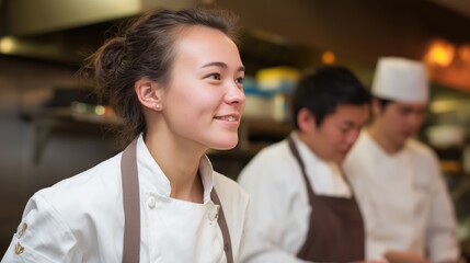A professional female chef smiles, observing the dynamics of the kitchen, her expertise and dedication evident in her expression, against the backdrop of a bustling culinary environment.