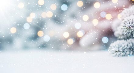 Soft focus snowy scene with gentle bokeh and warm lights, minimal winter background perfect for new year greetings, holiday banners and seasonal website headers