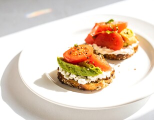 Two toast topped with avocado, tomatoes, and cream cheese