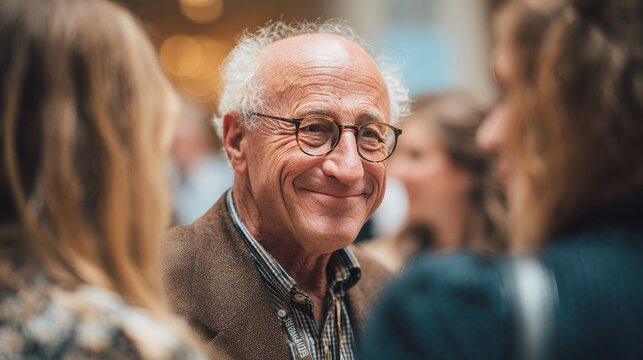 Senior man with glasses smiling warmly while engaging in conversation with others, exuding friendliness and approachability - Powered by Adobe