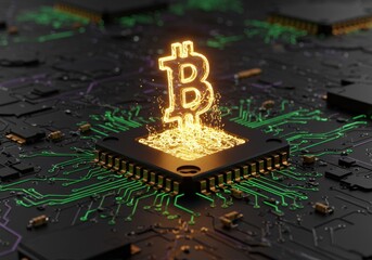 Bitcoin symbol emerging from a computer chip representing digital currency.