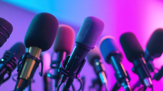 Microphones close up on colorful background