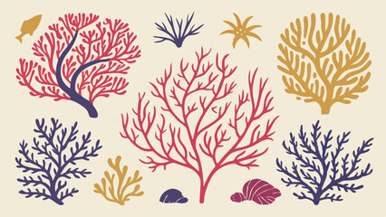 Underwater marine life vector elements set. Colorful ocean coral, seaweed, and aquatic plants collection for design.