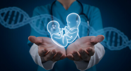 Doctor hand holding twin baby fetus hologram a concept for fertility medicine reproductive technology future of genetic science innovation and modern healthcare